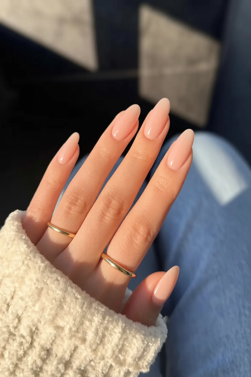 Mano con uñas largas forma almendra en tono nude brillante y anillos dorados