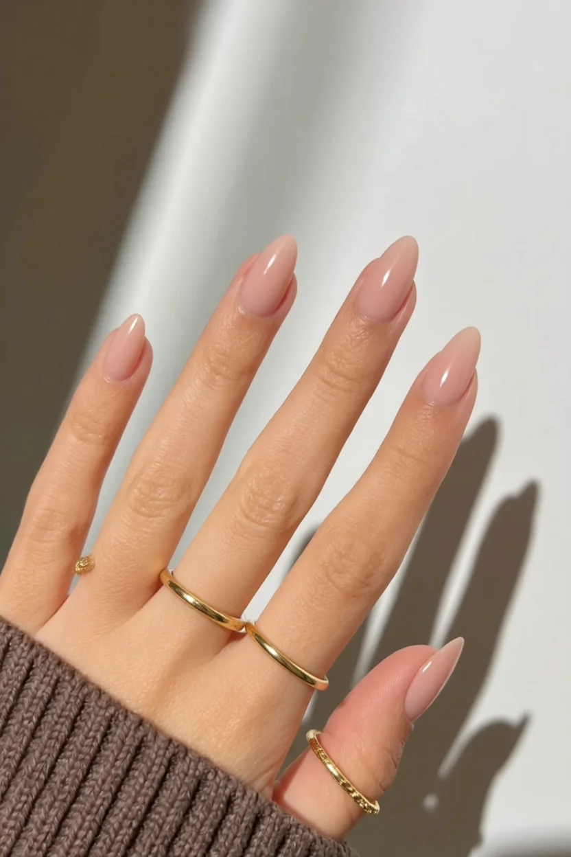 Mano con uñas largas en forma almendra color nude brillante y anillos dorados