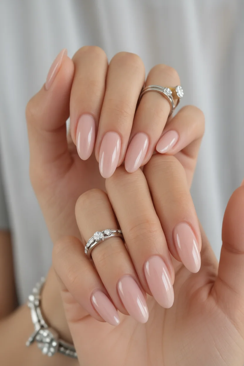 Mano con uñas almendradas largas en tono nude rosado brillante con brillo glossy