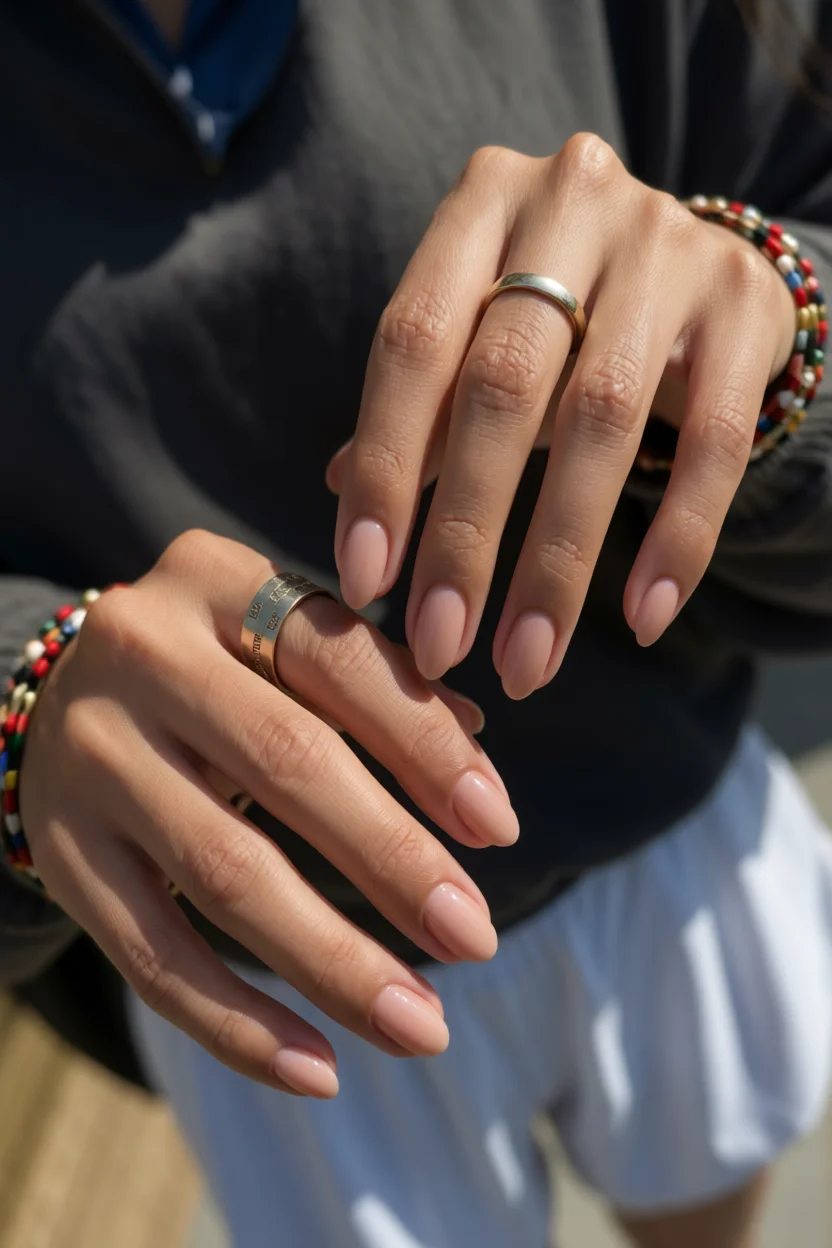 Manos con uñas ovaladas en tono nude rosado y anillos dorados