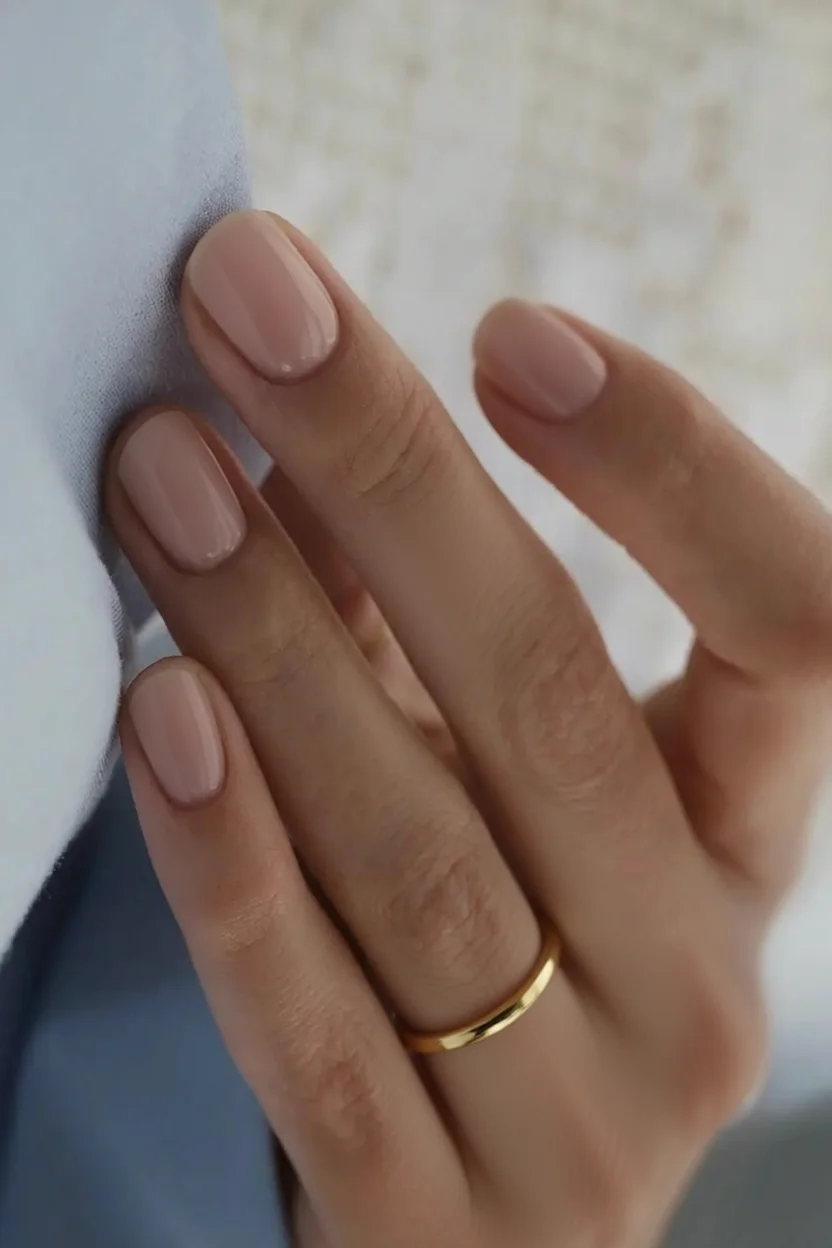 Mano con uñas cortas y redondeadas en color nude brillante