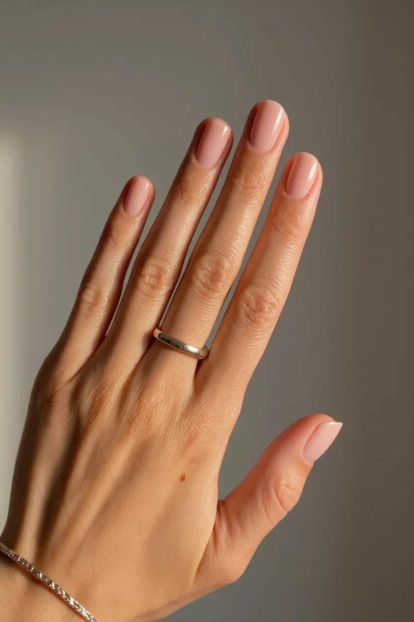 Mano con uñas cortas forma almendrada pintadas de rosa nude brillante