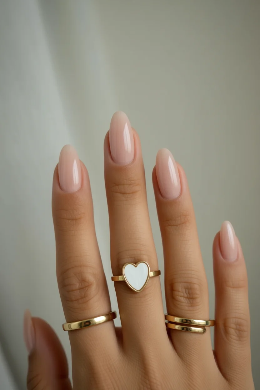 Mano con uñas almendradas en tono nude brillante usando anillos dorados