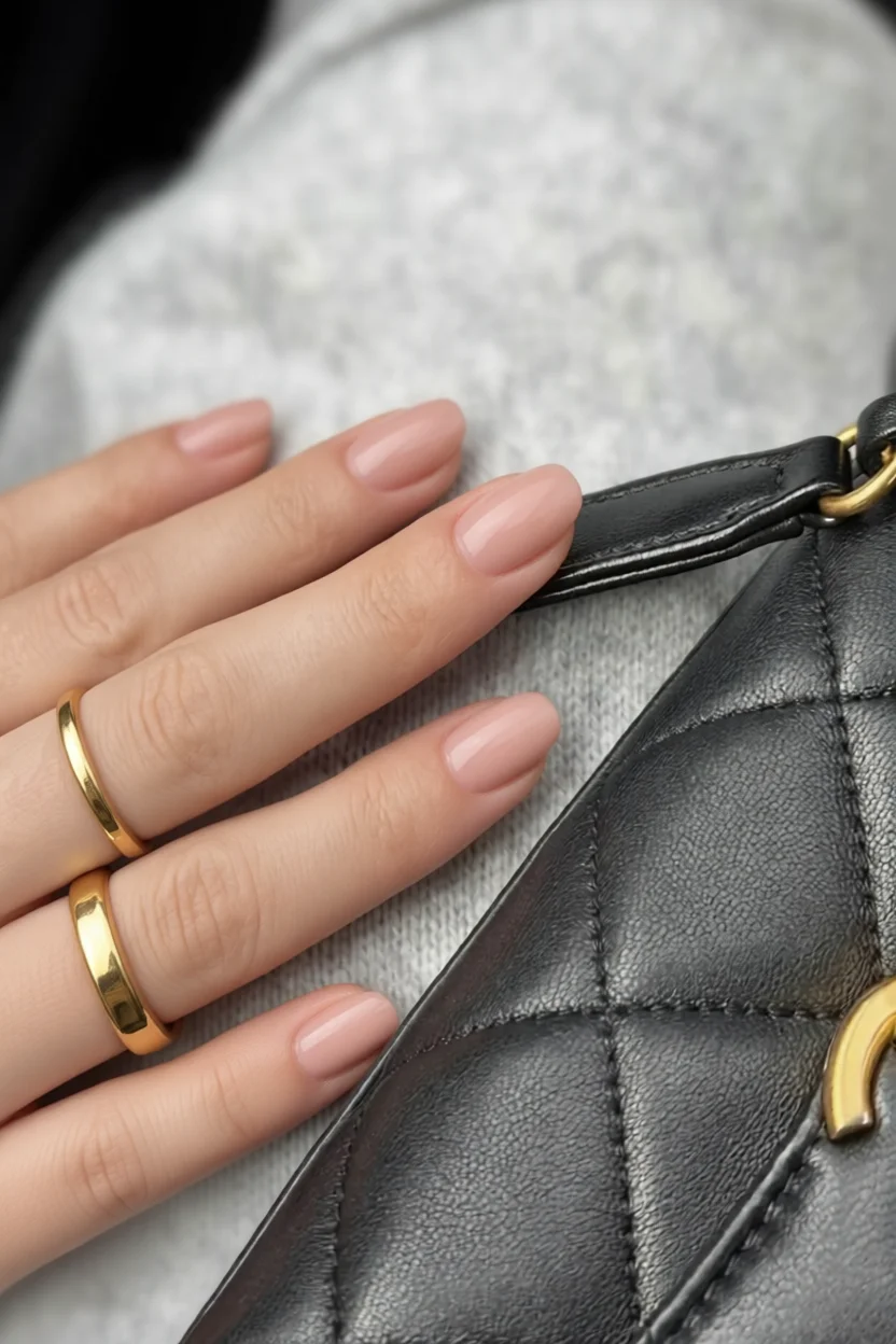 Mano con uñas cortas color nude brillante y anillos dorados apoyada sobre bolso de cuero negro acolchado