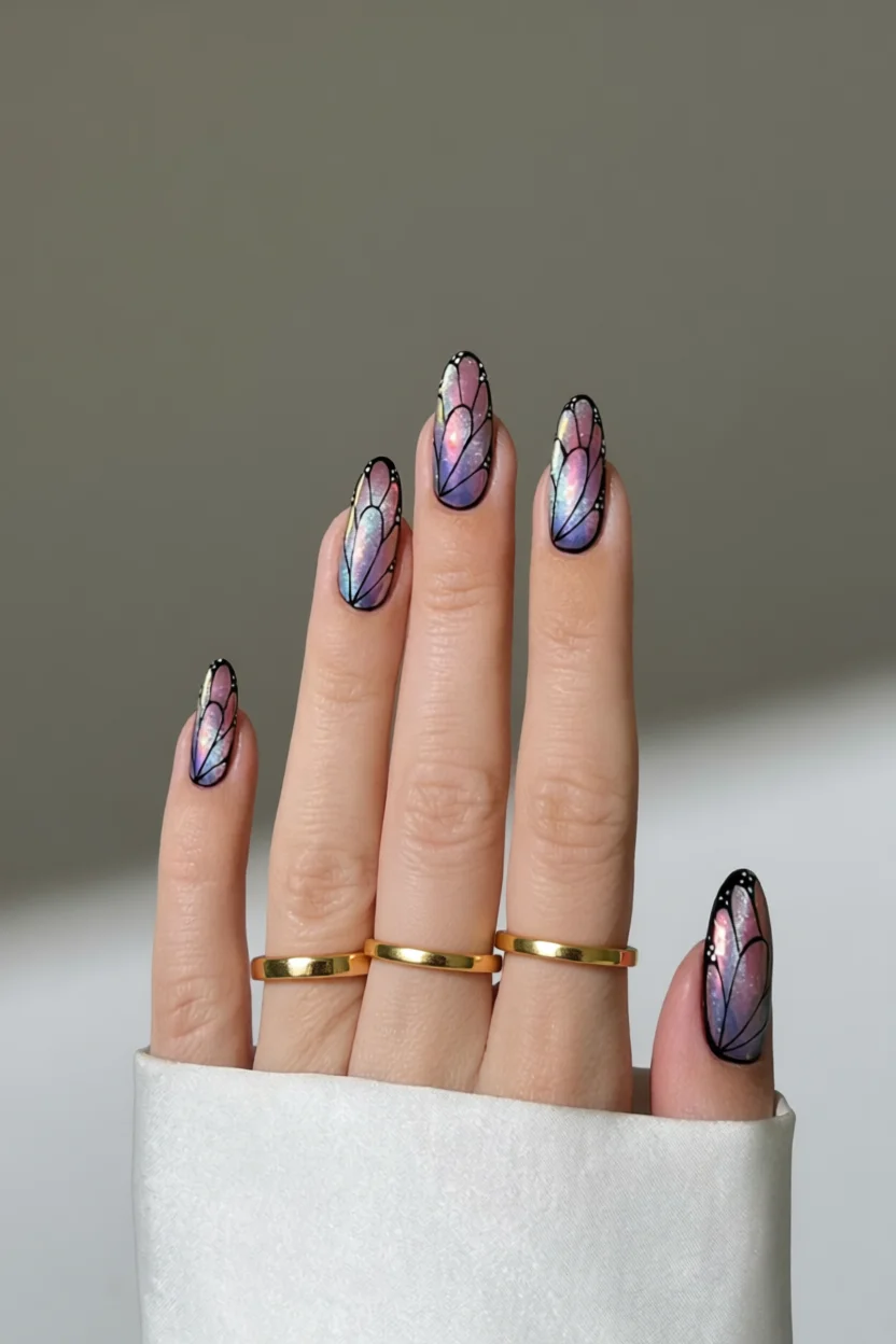 Mano con uñas almendradas decoradas con diseño de alas de mariposa iridiscentes en tonos rosa y púrpura con contornos negros