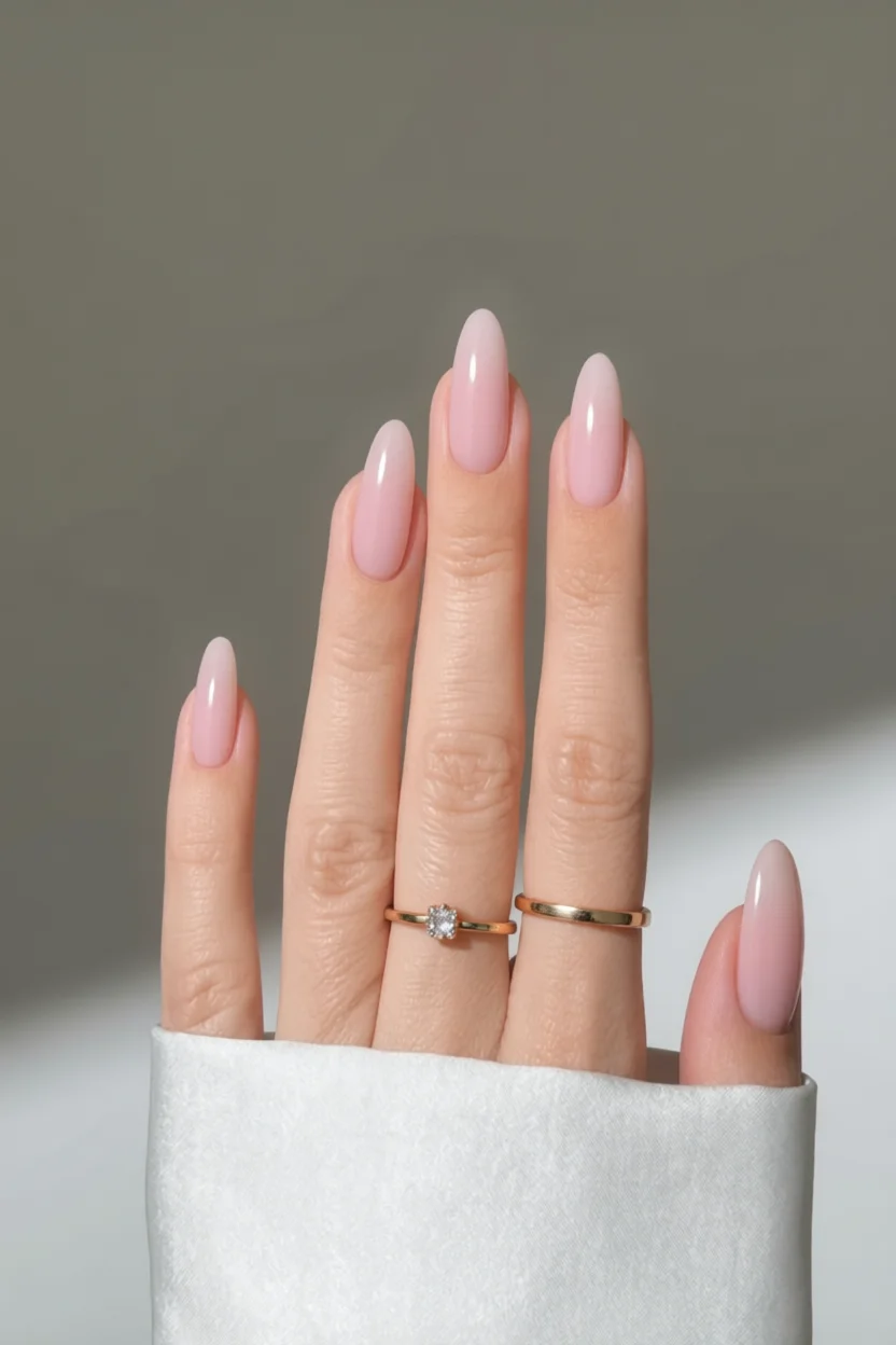 Mano con uñas largas forma almendra y degradado rosa pastel natural