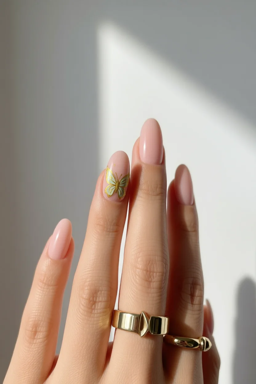 Mano con uñas en forma almendrada color nude y diseño de mariposa dorada
