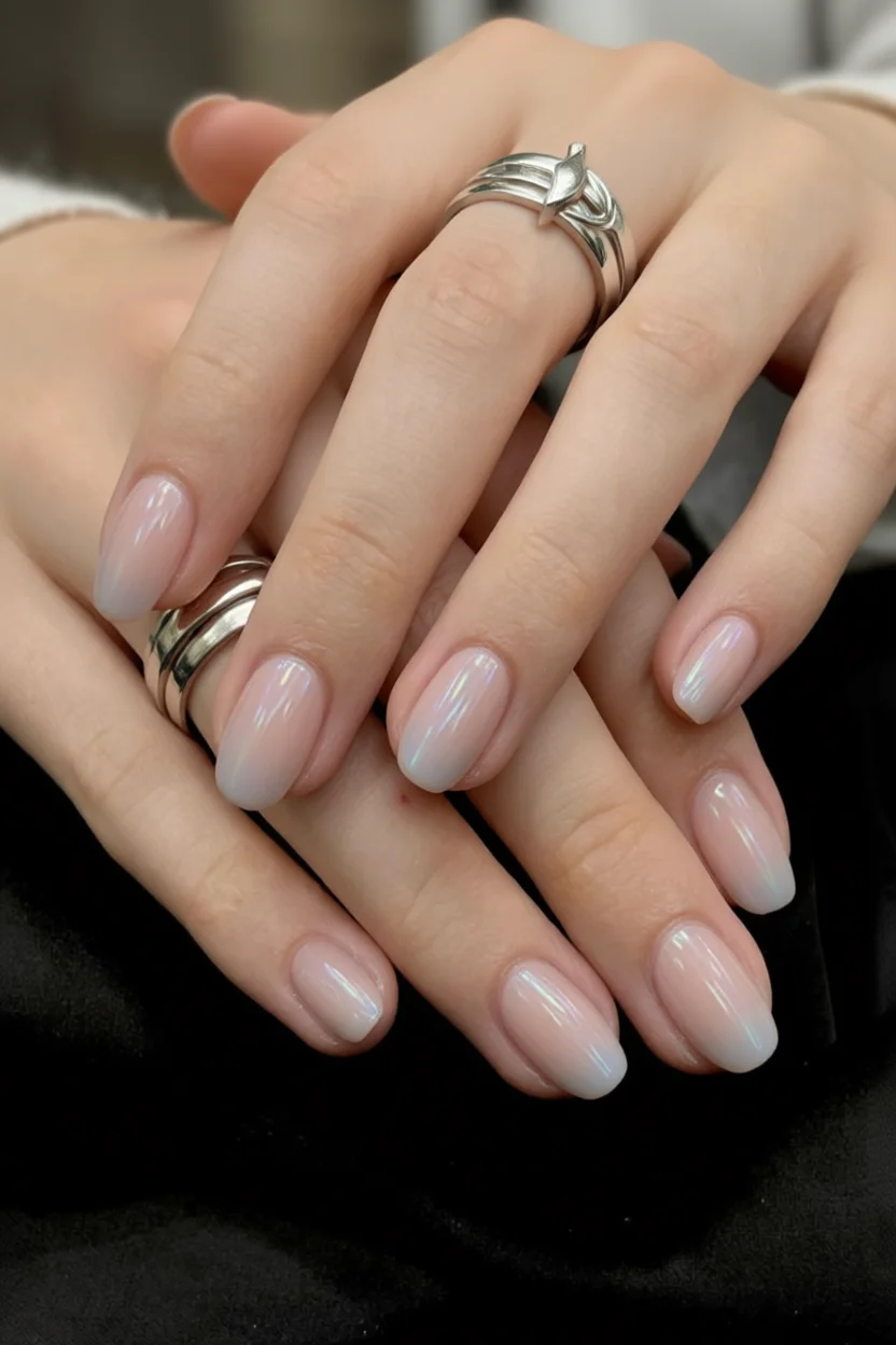 Uñas cortas ovaladas con base lechosa y puntas blancas con brillo nacarado