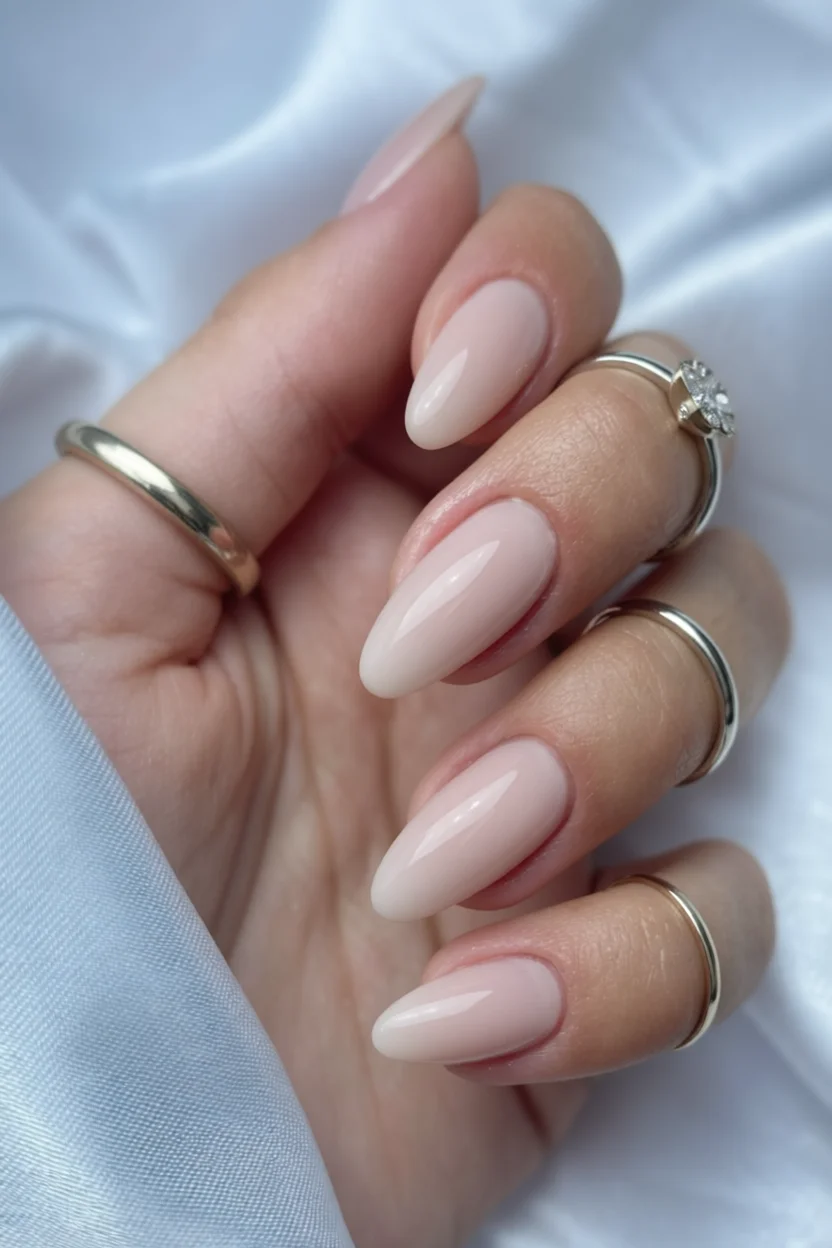 Uñas largas forma almendra con degradado nude y brillo intenso
