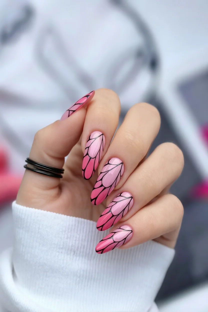 Uñas almendradas con degradado rosa y dibujo de alas