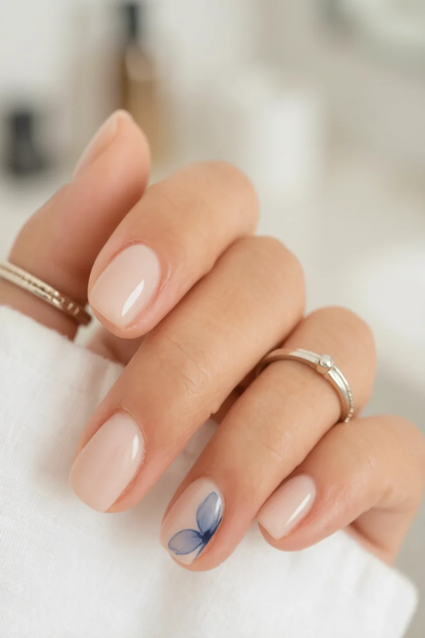 Mano con uñas pintadas de nude brillante y una pequeña mariposa azul en el anular