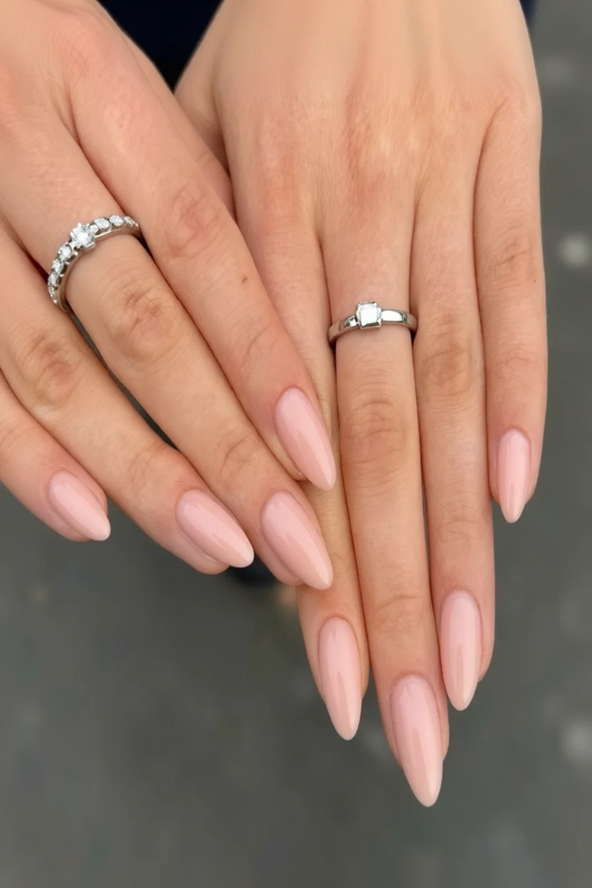 Uñas largas almendra con esmalte rosa nude brillante y anillos de diamantes
