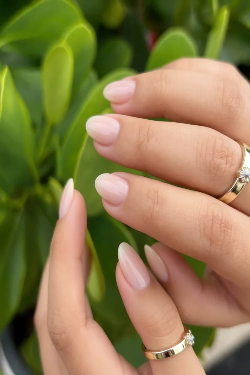 Mano con uñas largas en forma de almendra y esmalte nude brillante con anillos dorados