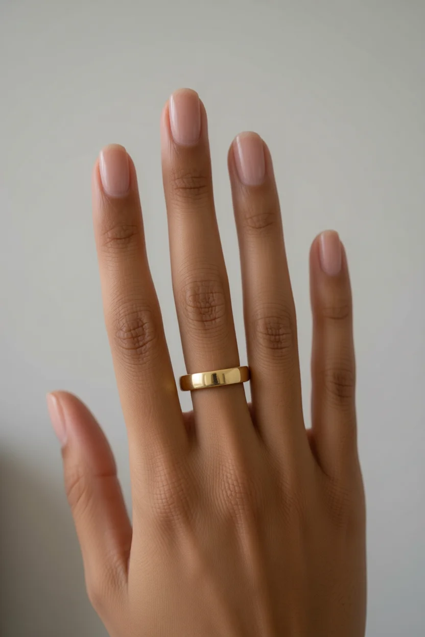Mano con uñas ovaladas en tono nude rosado y anillo dorado