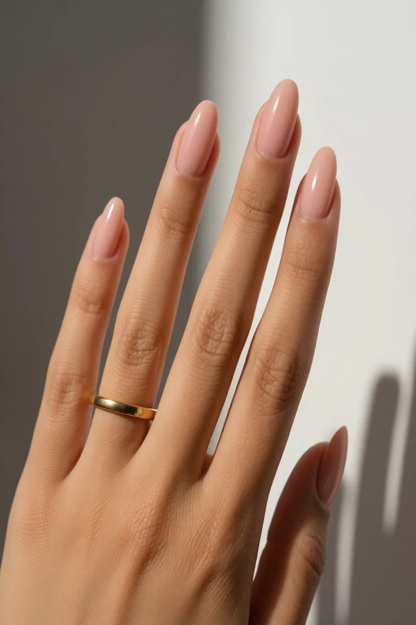 Mano con uñas ovaladas en tono nude rosado brillante y anillo dorado