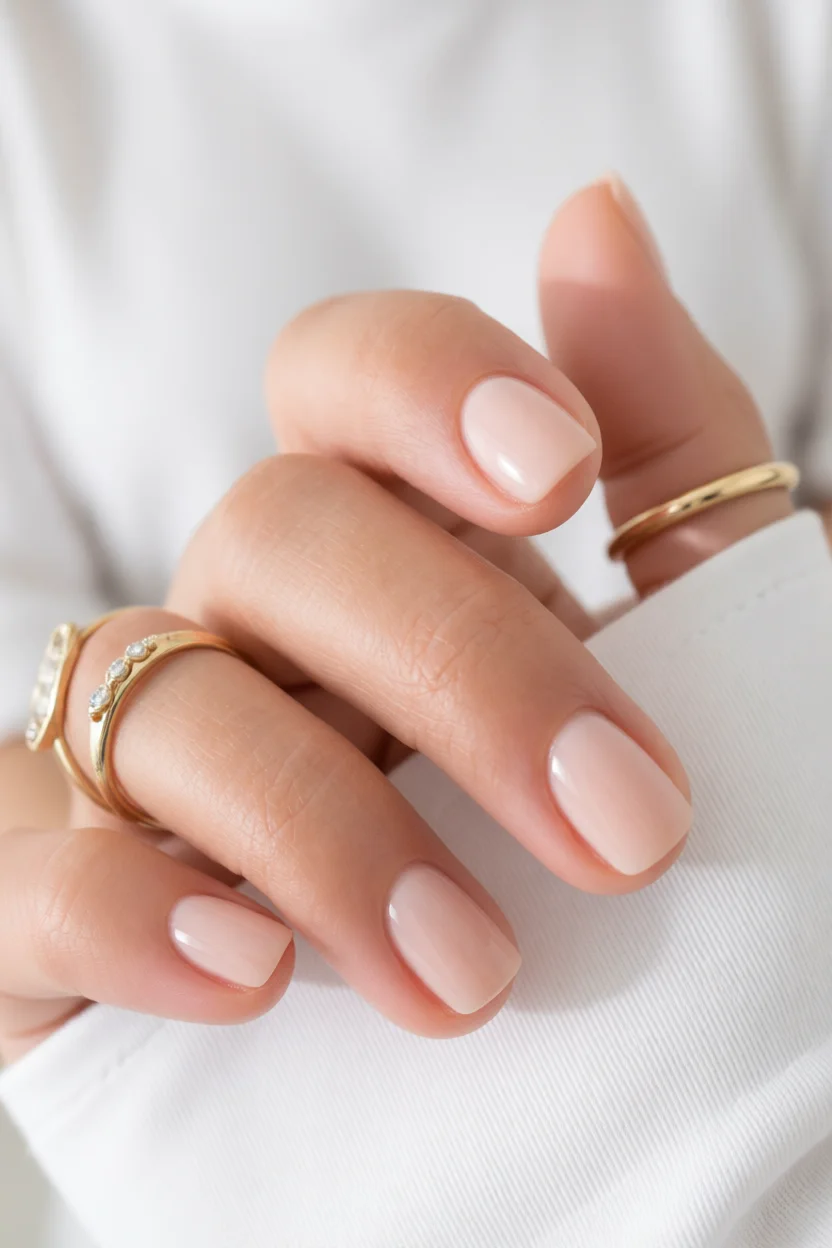 Uñas cortas redondeadas en tono nude brillante con anillos dorados