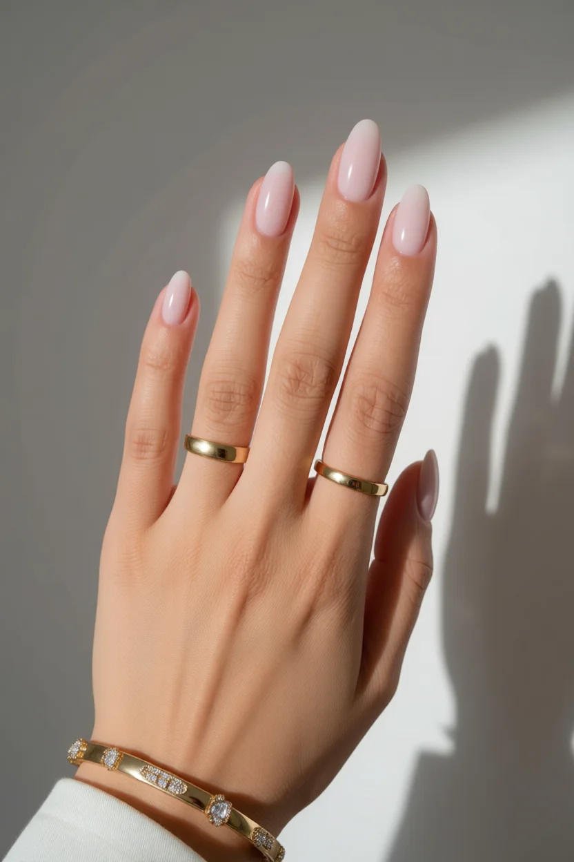 Mano con uñas largas en forma de almendra color rosa pastel