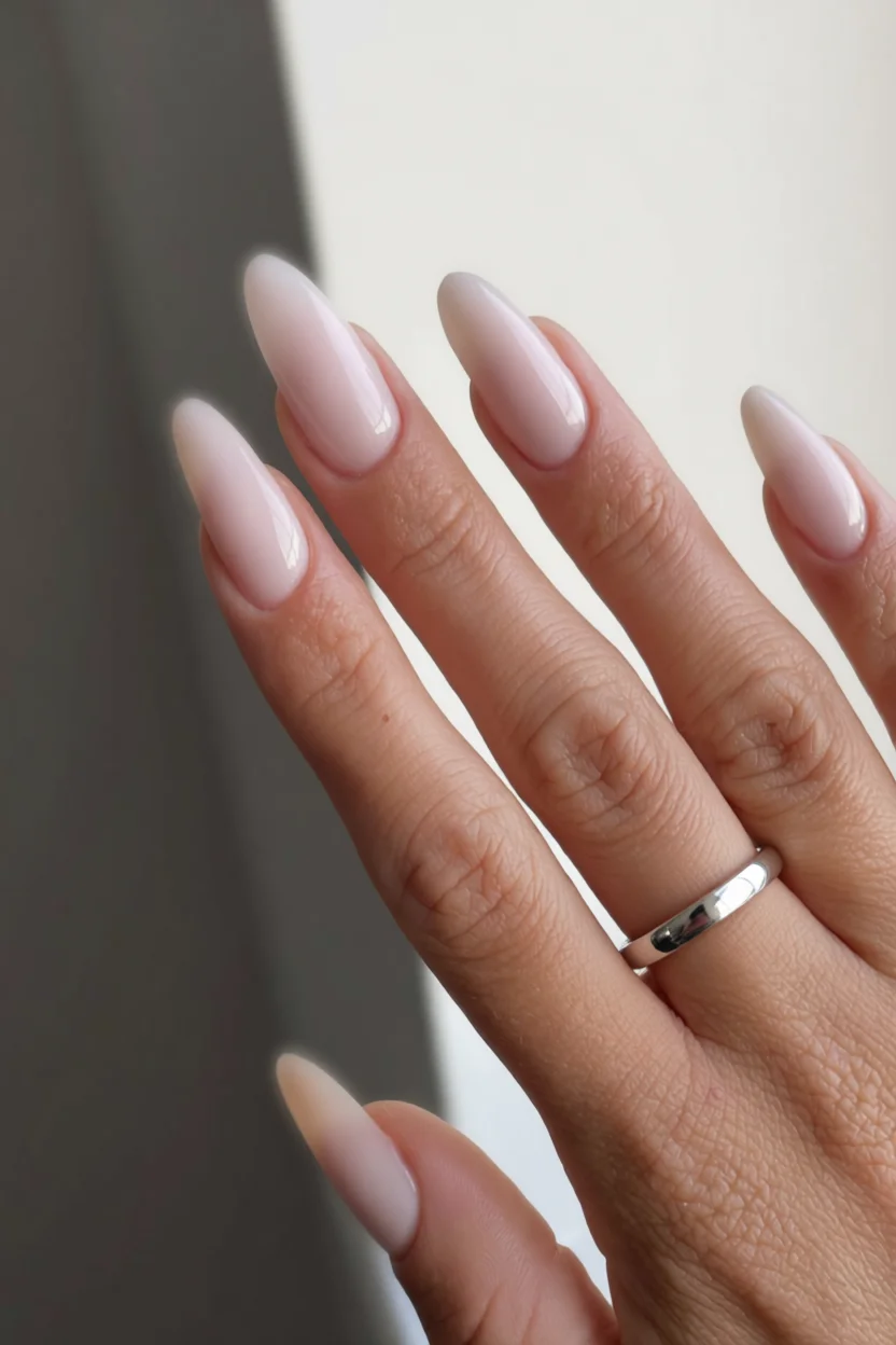 Uñas largas en forma de almendra color rosa nude brillante con anillo plateado