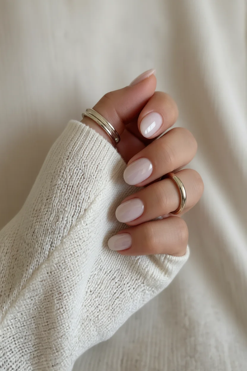 Mano con uñas cortas ovaladas en tono nude rosado brillante y anillos dorado y plateado