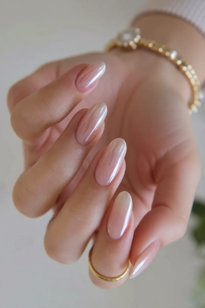 Mano con uñas ovaladas largas en tono rosa perlado con brillo etéreo