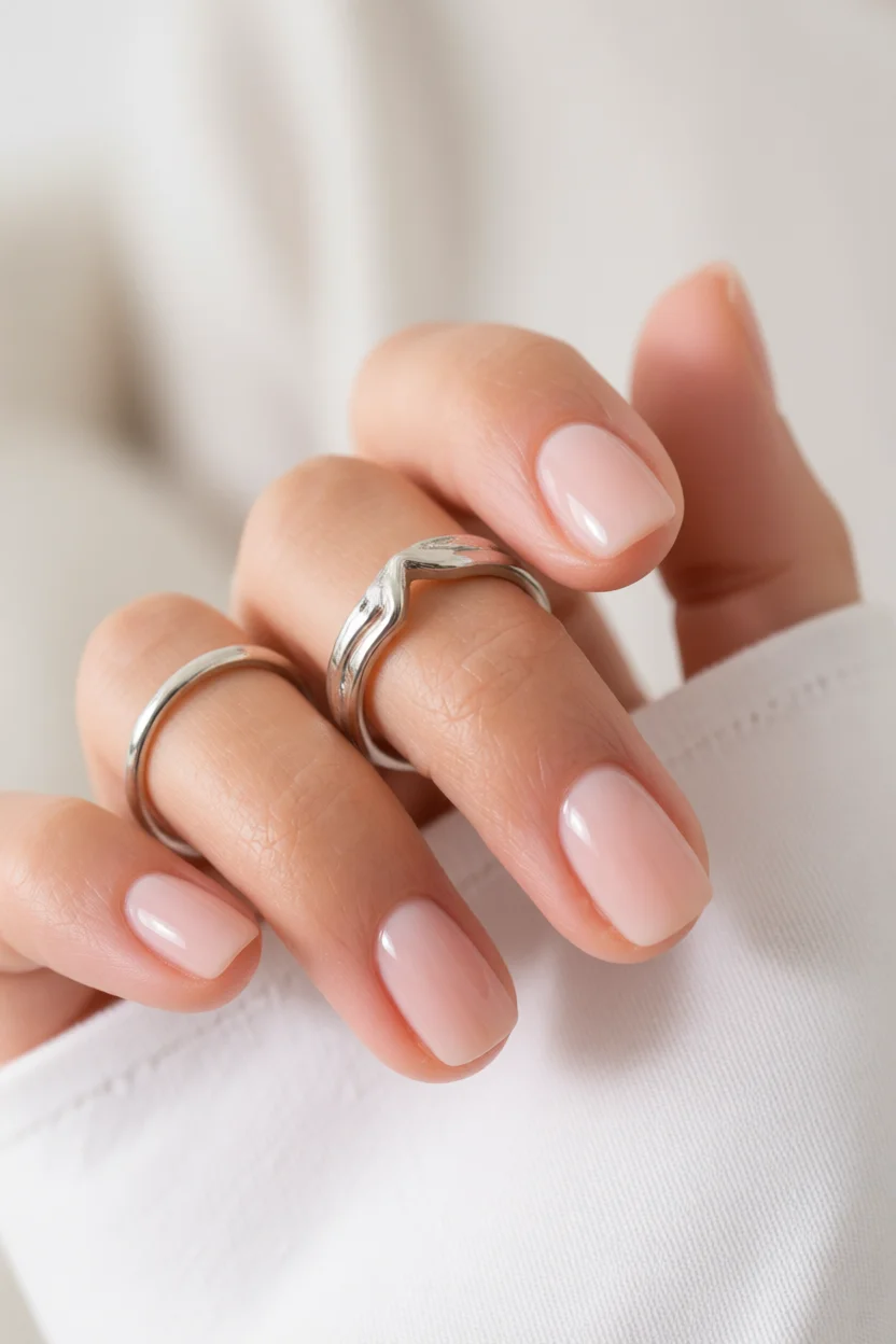 Mano con uñas redondas en tono nude brillante y anillos plateados