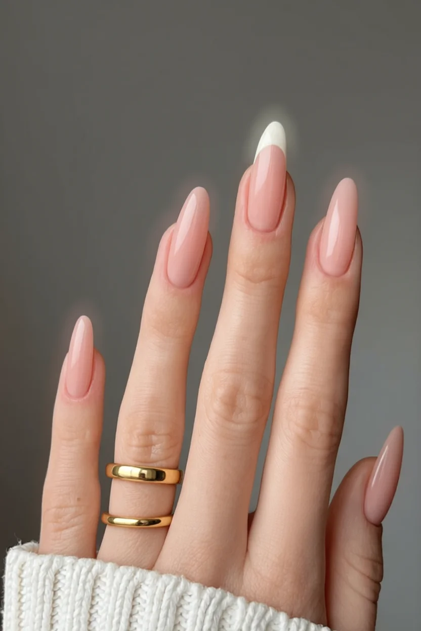 Mano con uñas largas almendradas con diseño francés clásico