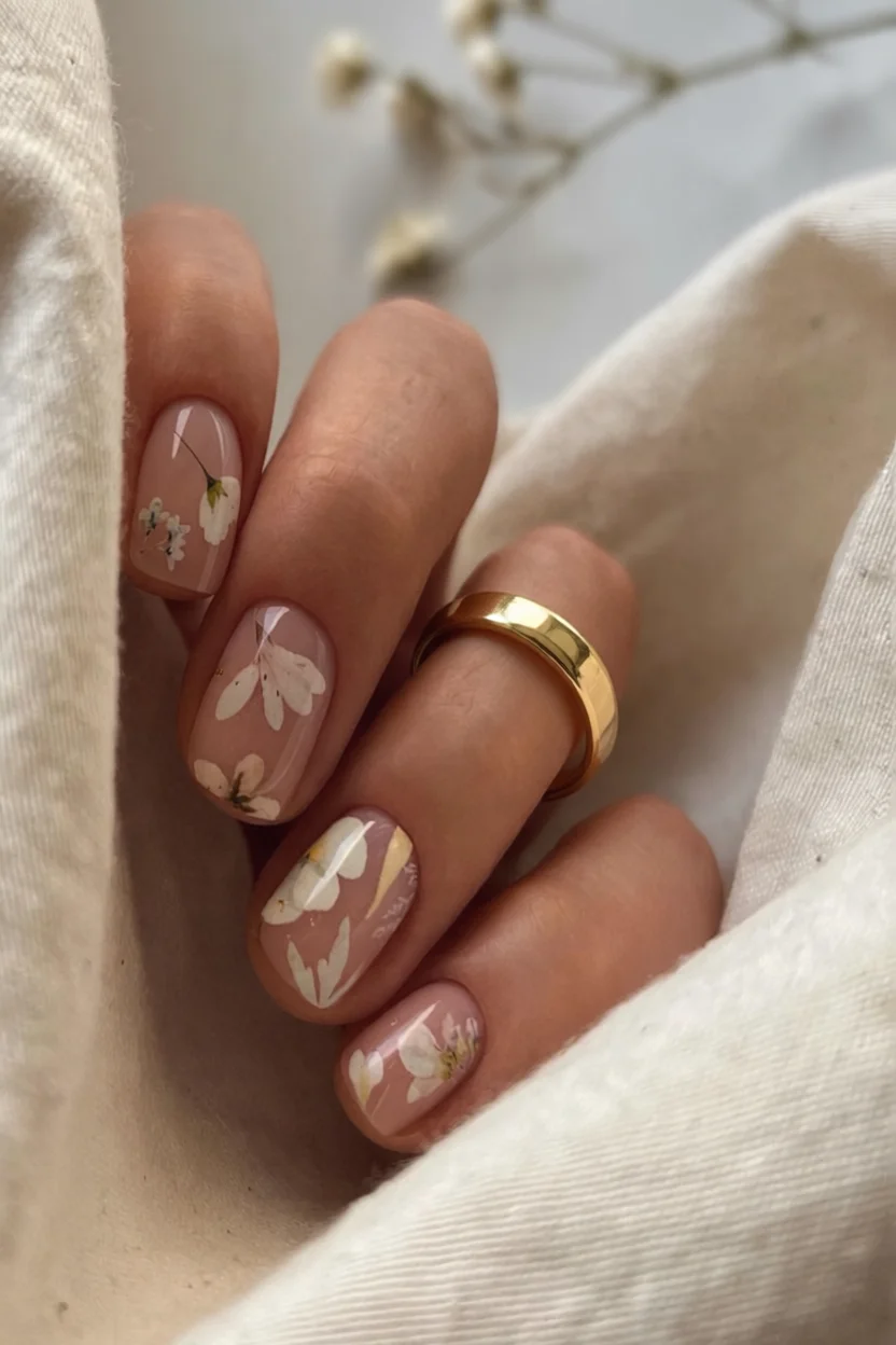 Uñas largas almendradas con flores blancas sobre base nude y anillo dorado