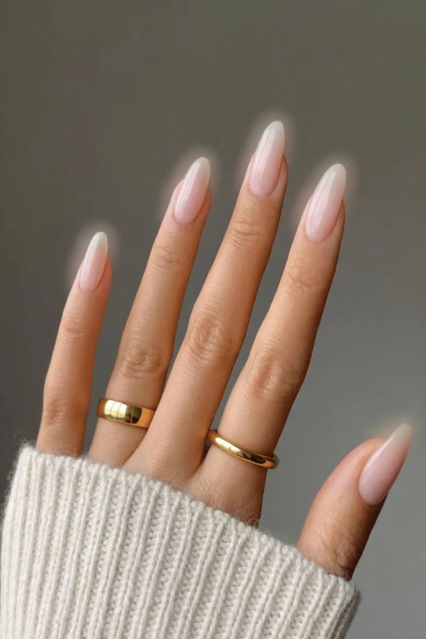 Uñas almendradas largas con efecto degradado nude a blanco