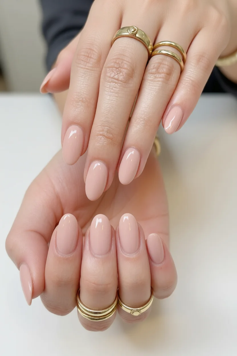 Manos con uñas ovaladas en color nude brillante y anillos dorados