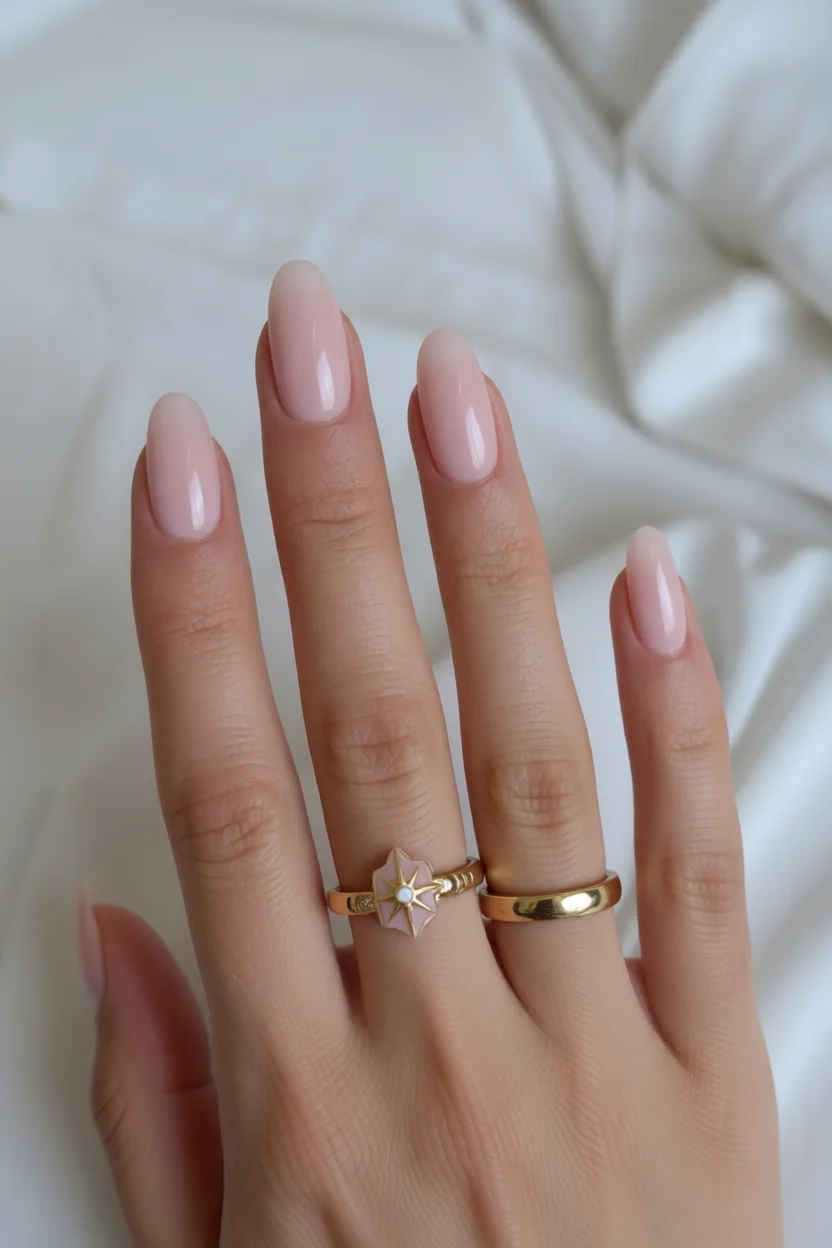 Mano con uñas en forma de almendra color rosa nude con brillo