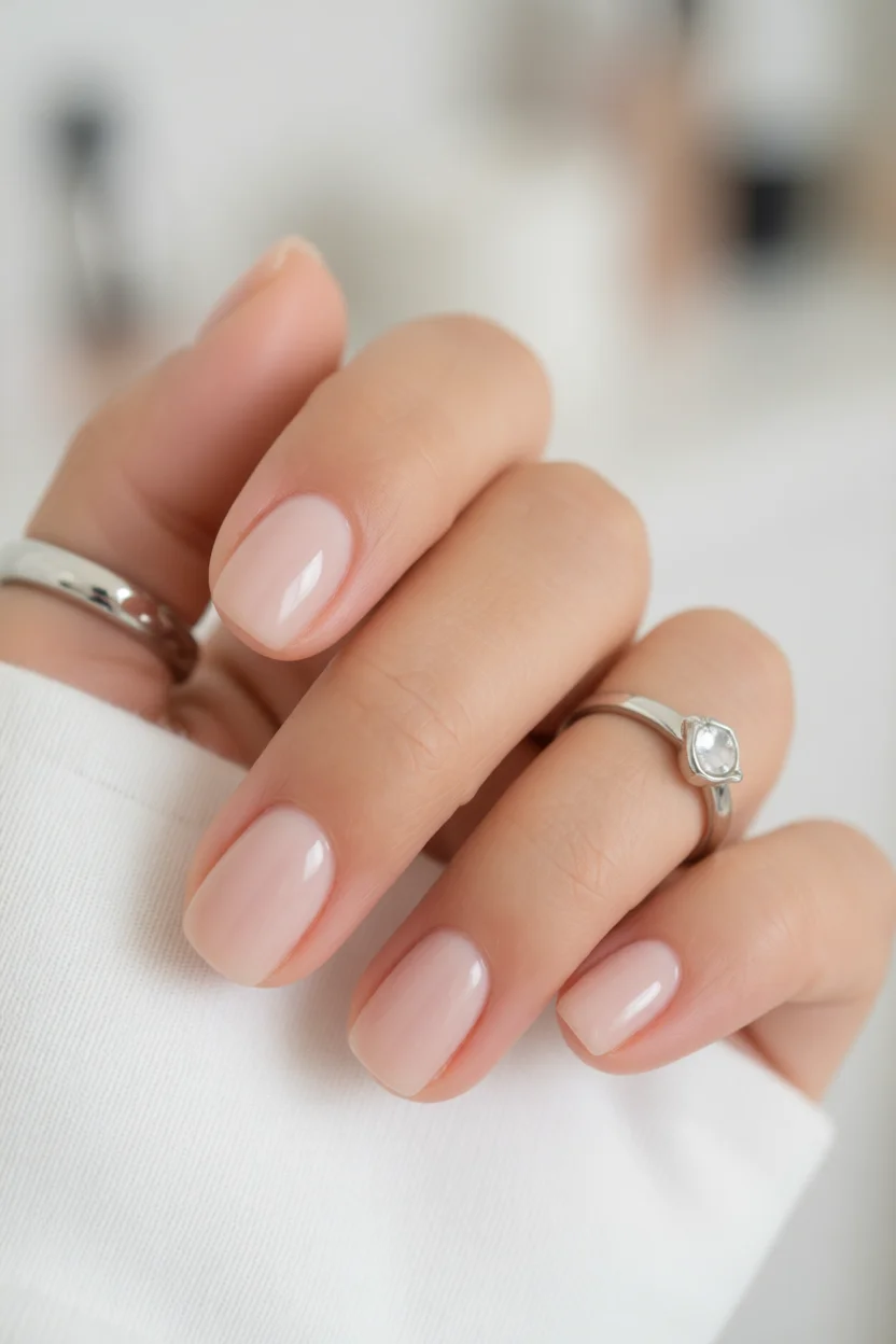 Mano con uñas cortas forma almendrada color nude brillante y anillos de plata