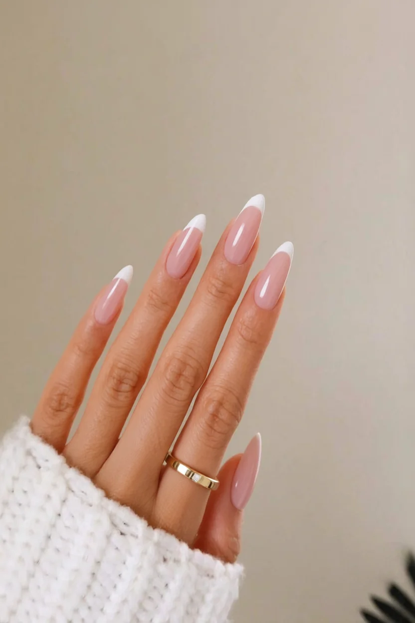 Uñas almendradas con diseño francés en tono nude y puntas blancas