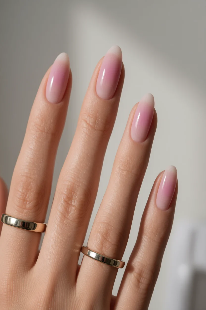 Uñas en forma de almendra con efecto degradado en tonos rosados y acabado brillante