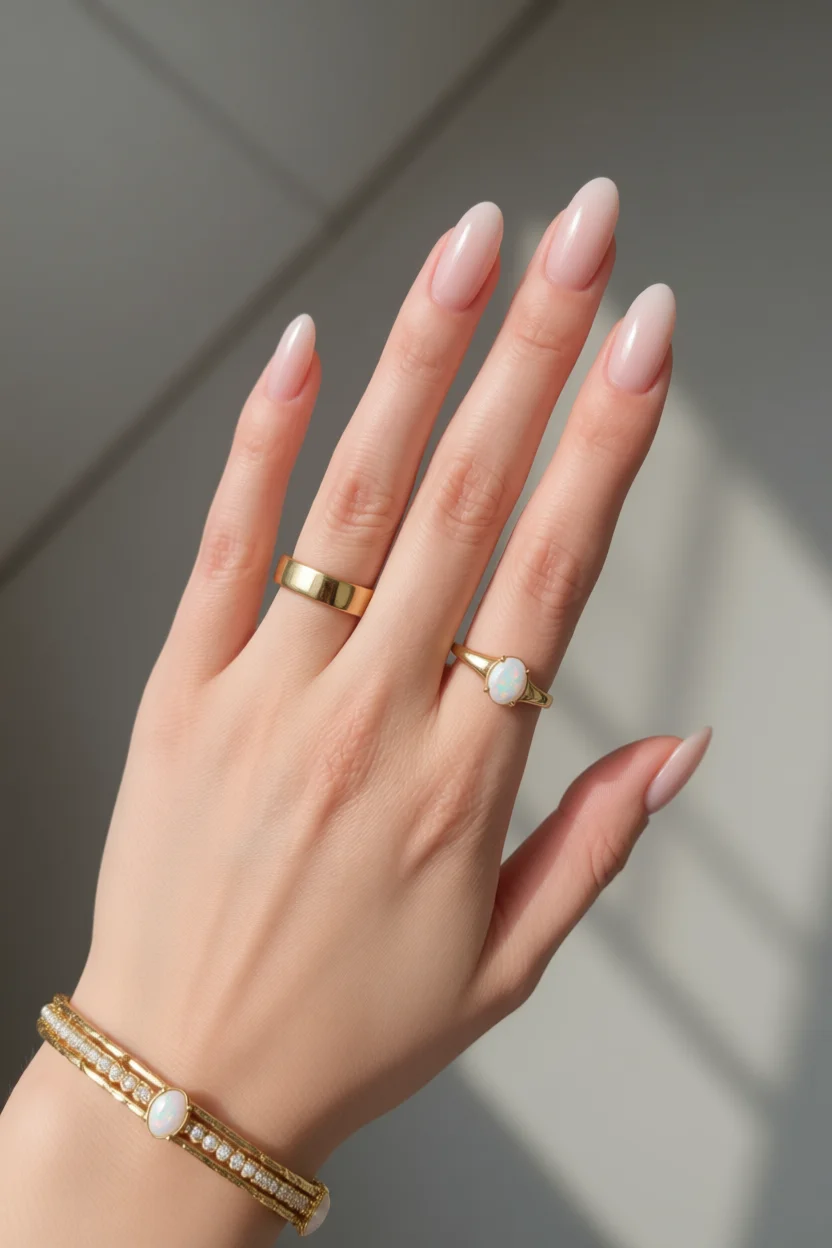 Mano con uñas largas almendradas color nude brillante y anillo de novia