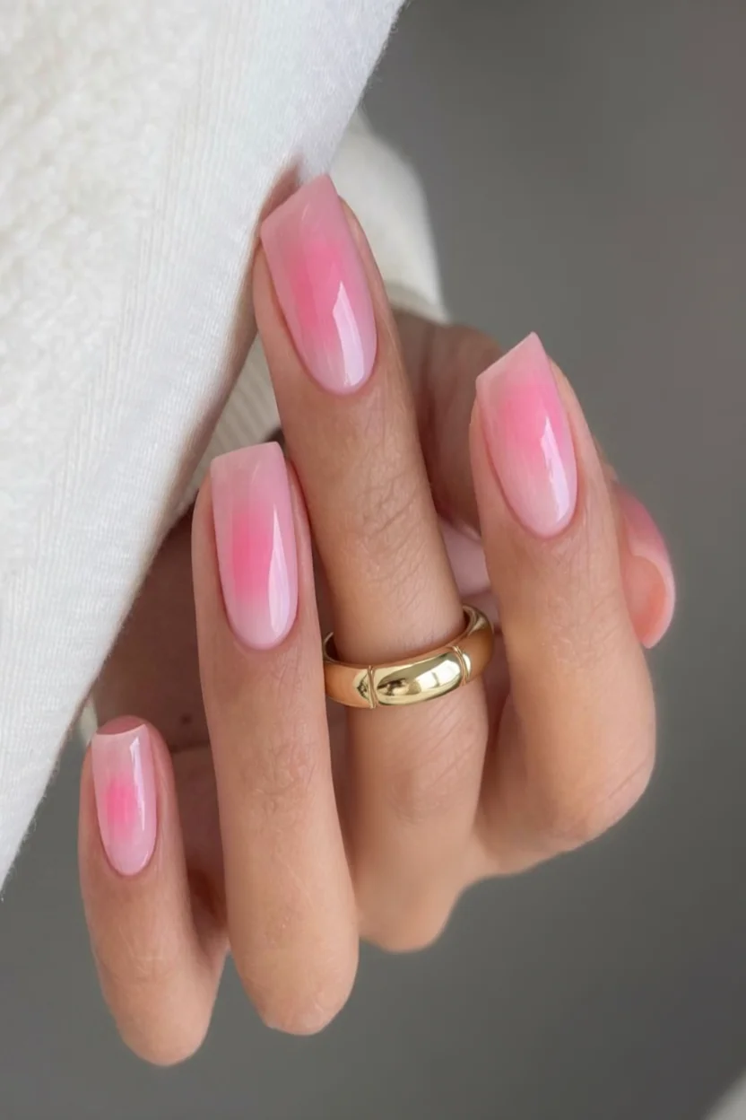 Uñas largas cuadrados con diseño aura en degradado de rosa intenso a rosa claro