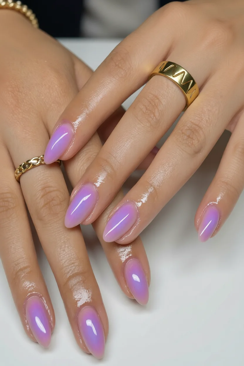 Uñas ovaladas en degradado lila con acabado perla brillante