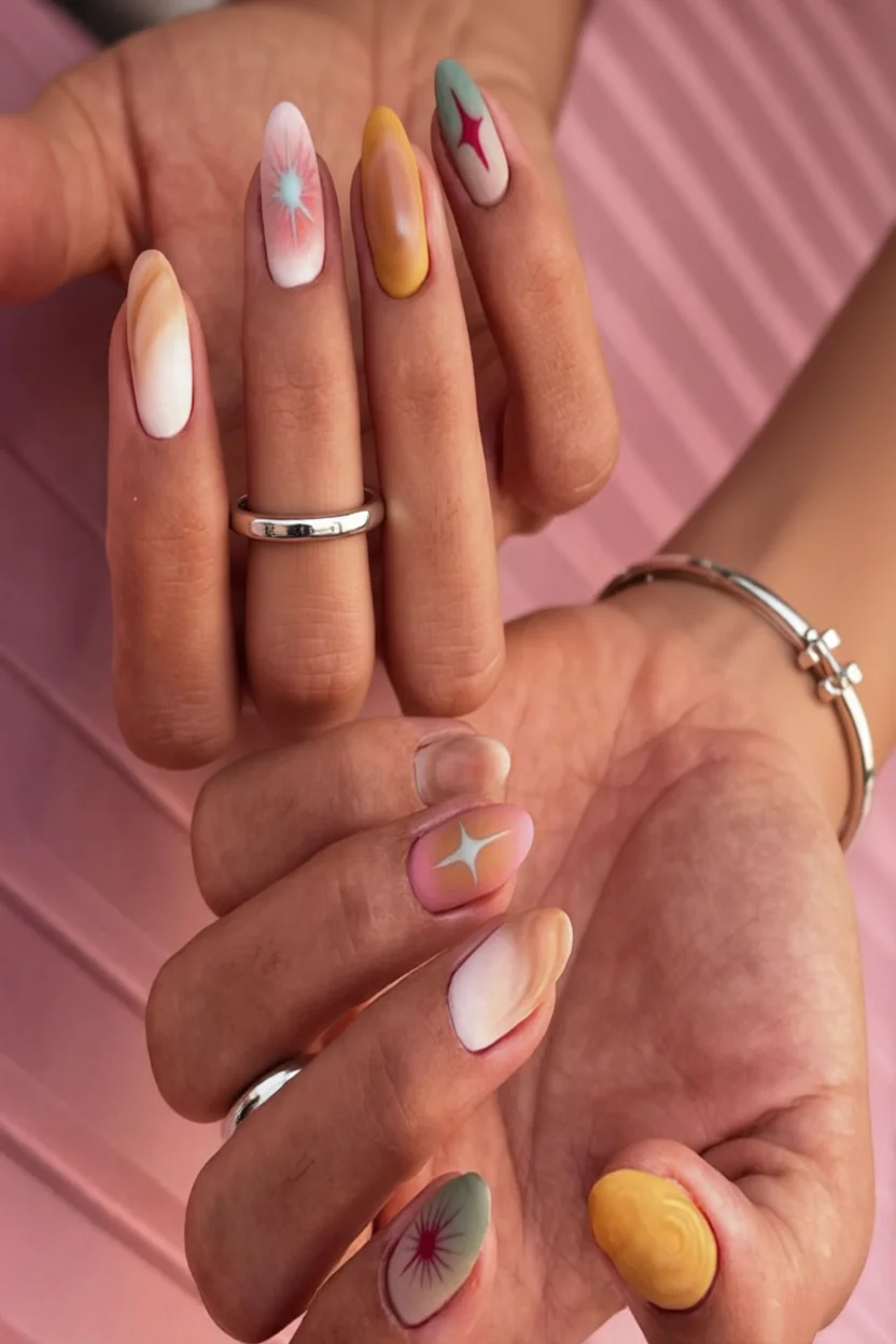 Uñas almendradas con diseño aura en degradado pastel amarillo, rosa y verde menta, decoradas con estrellas blancas y rojo