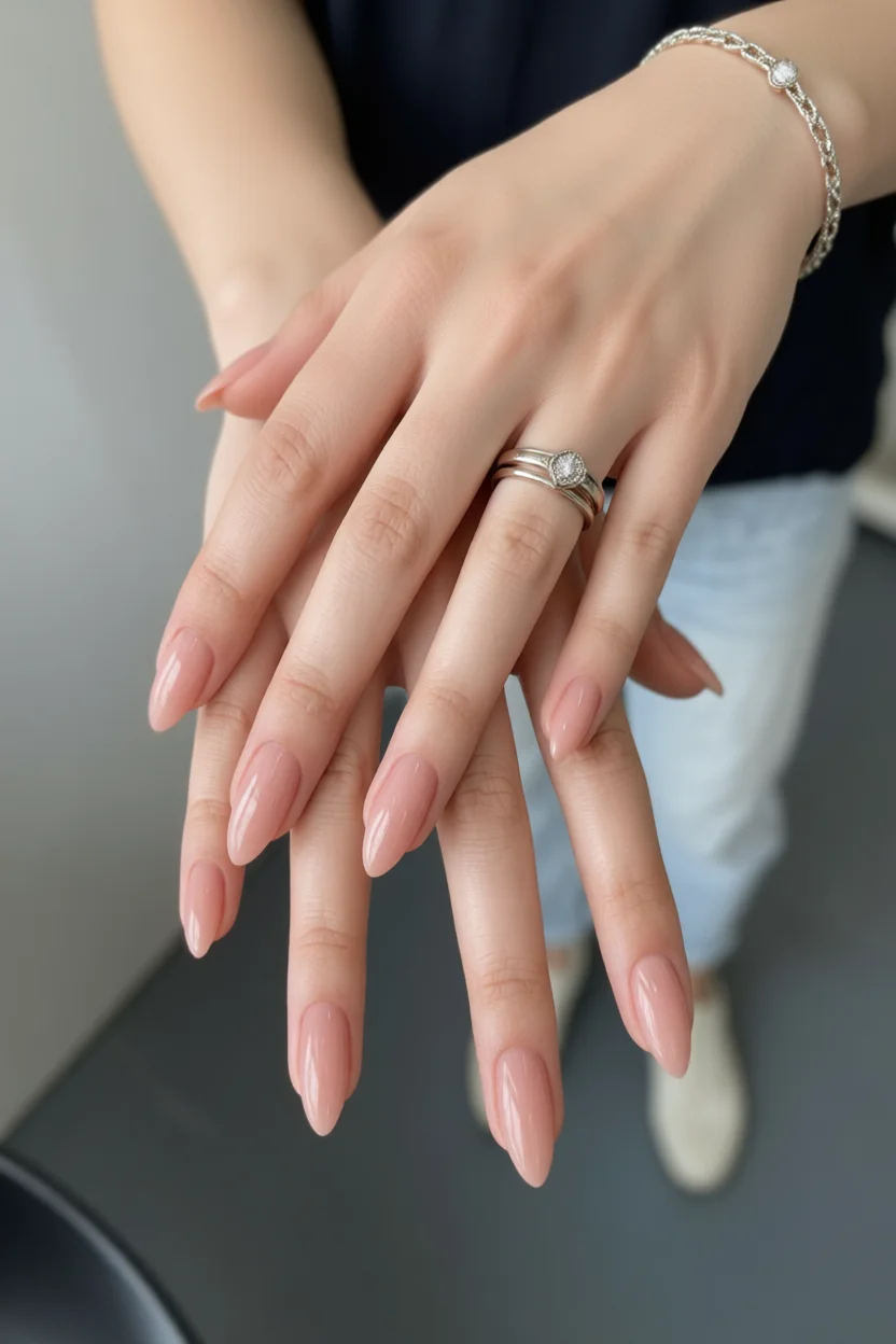 Uñas largas almendradas color nude brillante