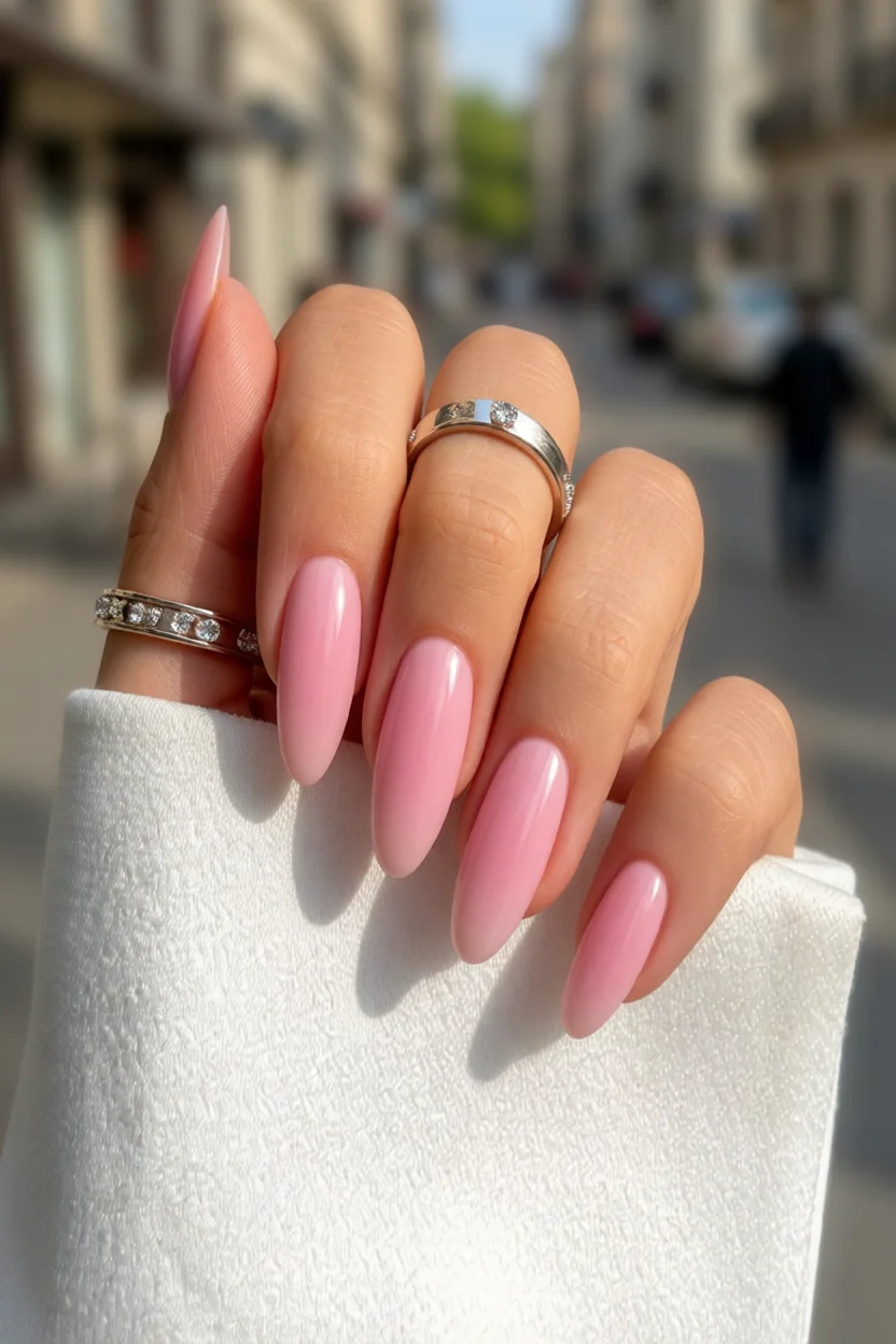 Uñas largas en forma de almendra con acabado rosa pastel brillante