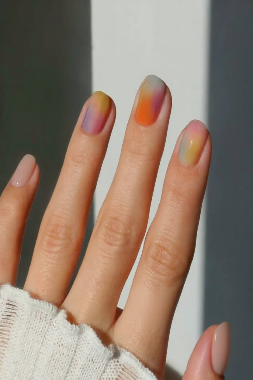 Mano con uñas en diseño aura que combina tonos rosa, naranja, amarillo y lavanda con efecto difuminado y dos uñas desnudas