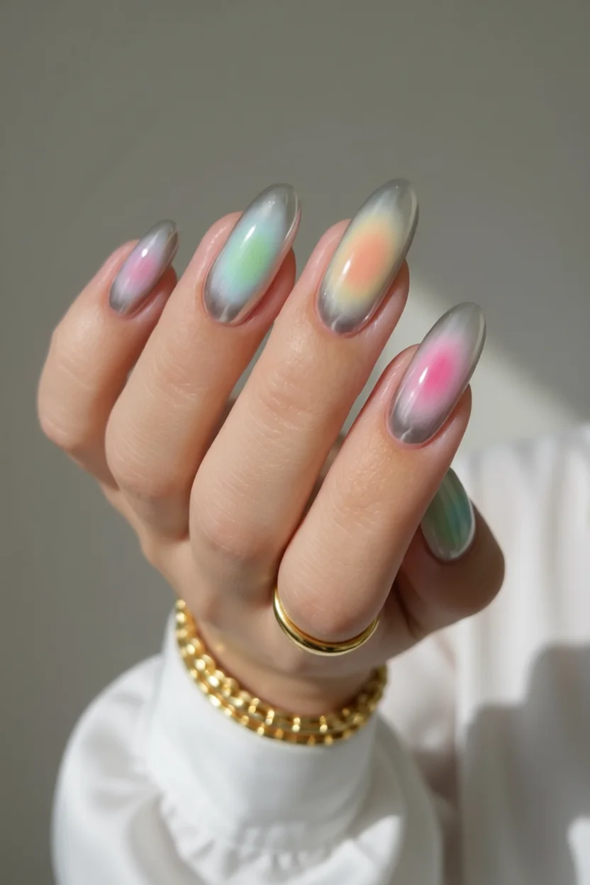 Uñas largas ovaladas con diseño aura en degradado de colores pastel rosado, verde y durazno