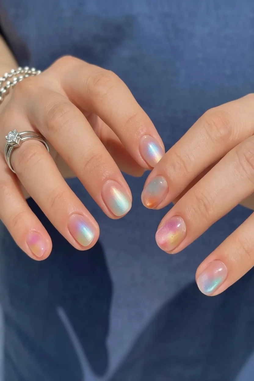 Uñas ovaladas con efecto aura iridiscente en tonos rosa, lavanda y blanco perla