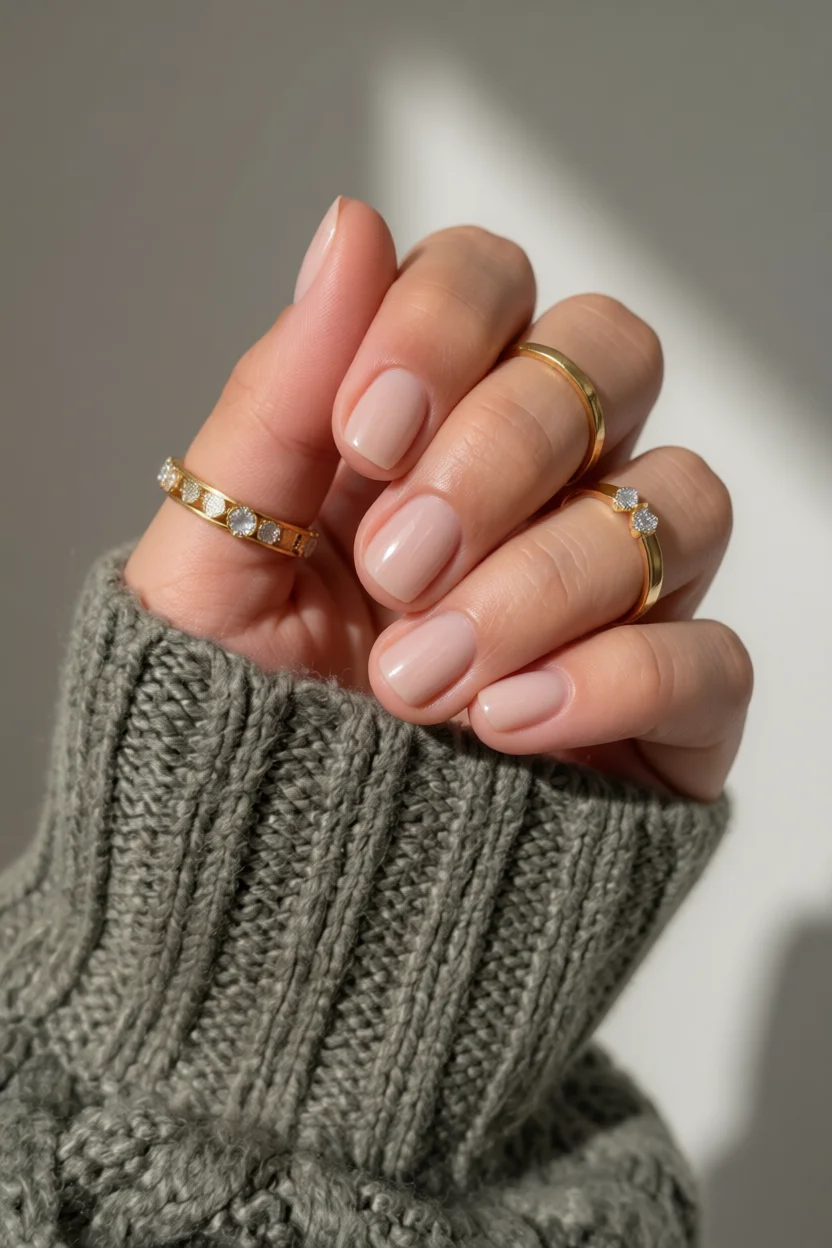 Uñas cortas ovaladas con esmalte nude rosado y acabado brillante