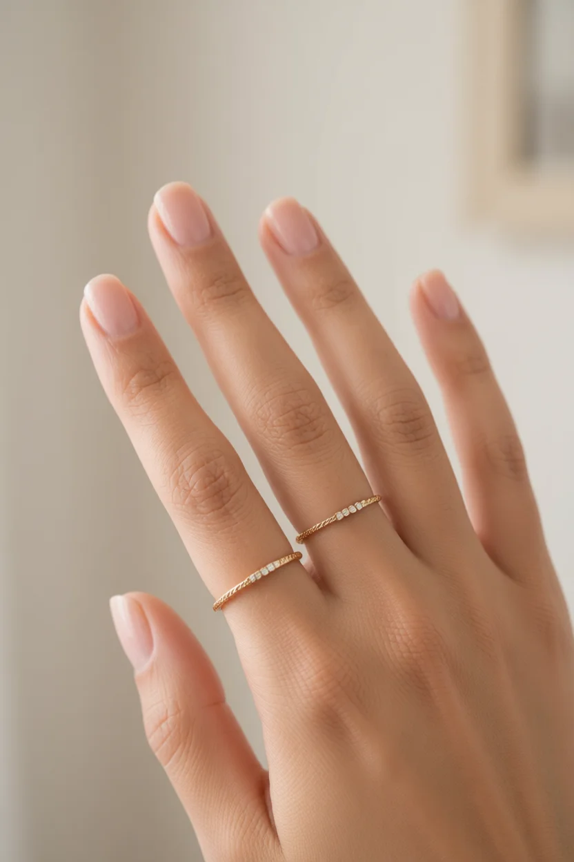 Mano con uñas naturales brillantes y anillos dorados con diamantes