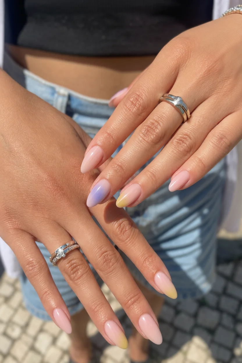 Mano con uñas largas en forma almendrada y diseño aura en degradado de tonos pastel rosa, lavanda y amarillo suave