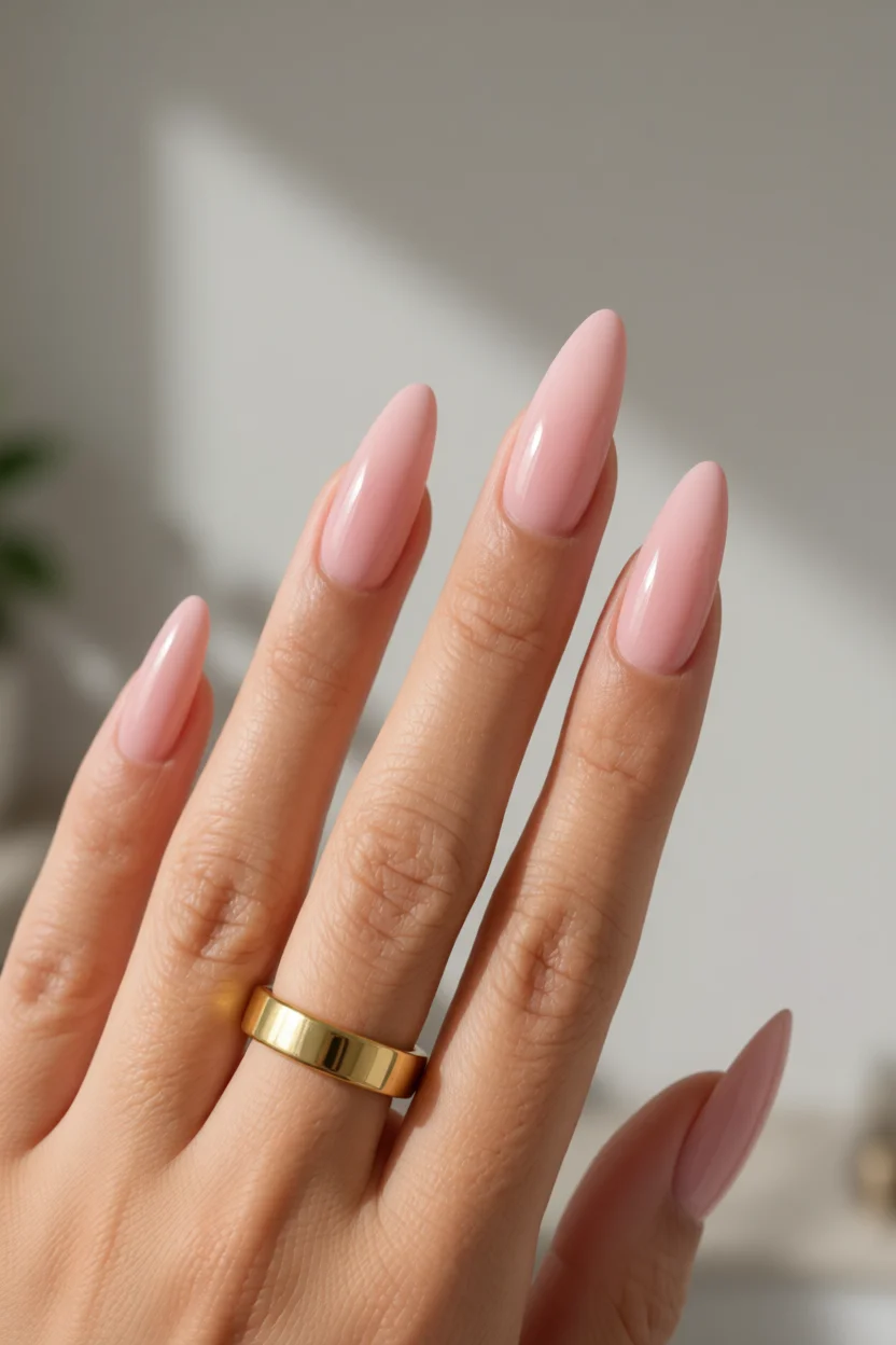 Mano con uñas largas en forma almendra pintadas de rosa suave mate con brillo natural