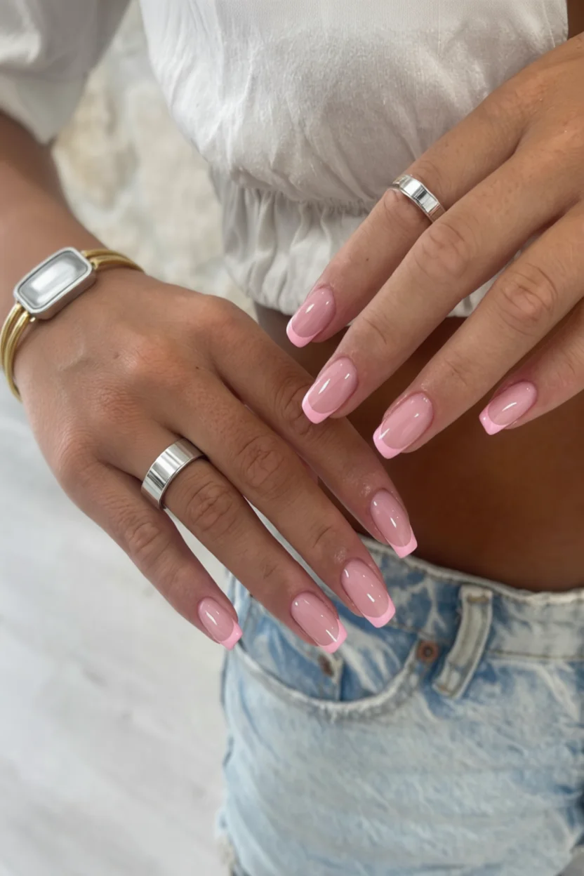 Manos con uñas francesas en tono rosa nude y puntas blancas en forma cuadrada