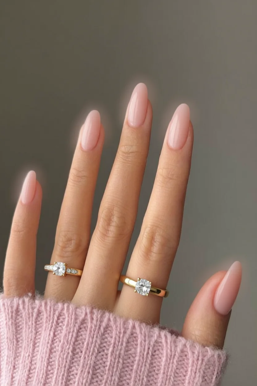 Mano con uñas rosadas alargadas estilo almendra, anillos dorados y suéter rosa