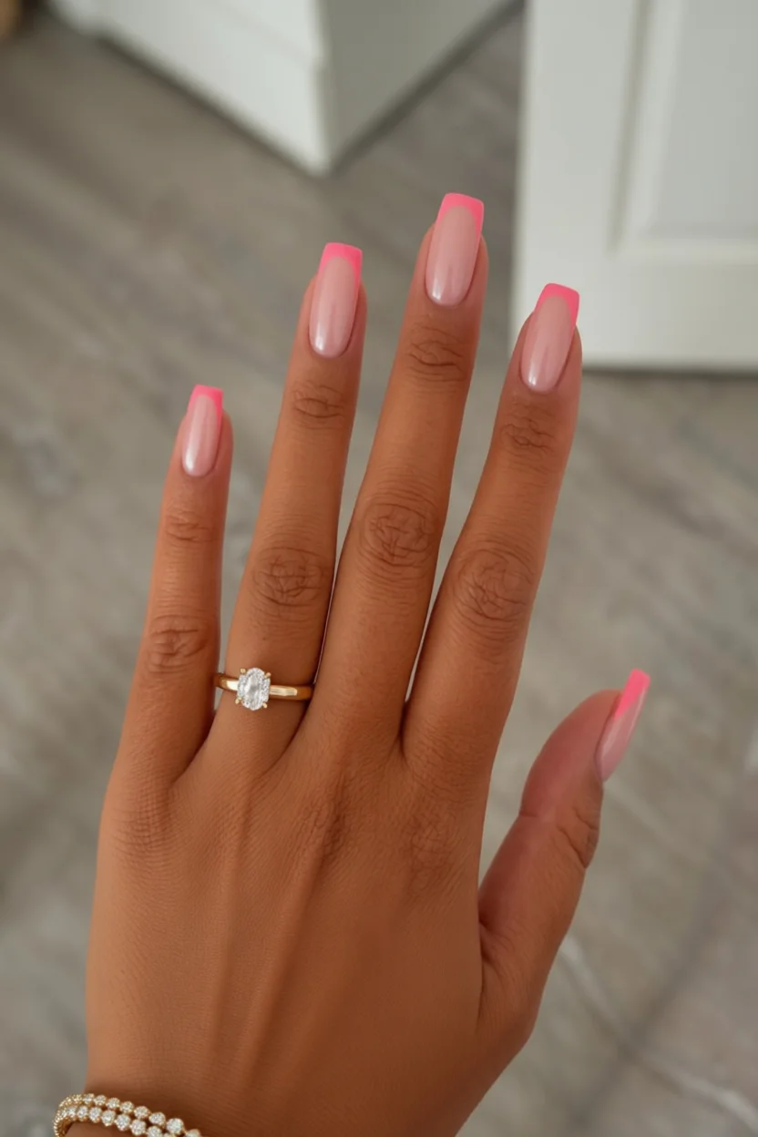 Uñas largas cuadradas con diseño francés en tonos rosados