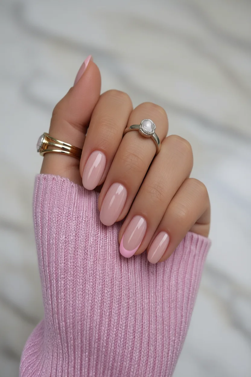 Mano con uñas largas almendradas en estilo francés rosa con punta rosada y base nude brillante